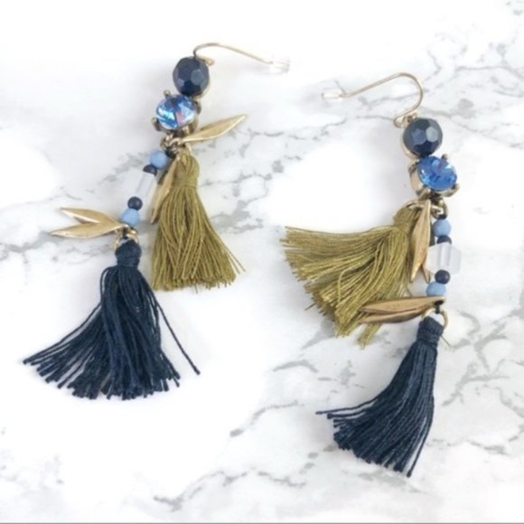 NEW Boutique Earrings Tassel Statement Drop Dangle Fringe Navy Gold Boho Gift - Picture 4 of 4